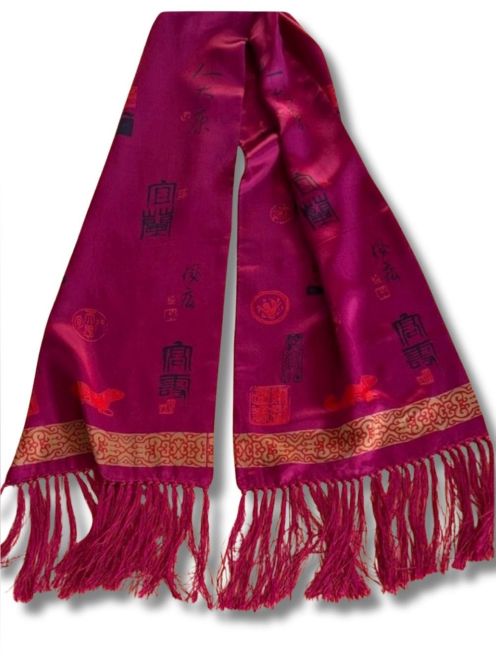Vintage Silk Scarf Magenta Gold Asian Motif Fringe Long Wrap Shawl